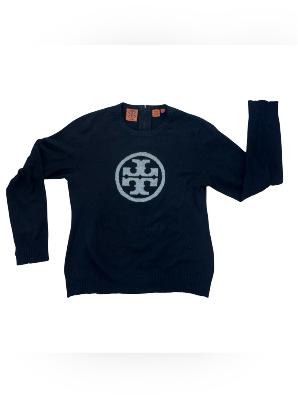 Tory Burch 100% Cashmere Black Logo Zip Neck Sweater Size L